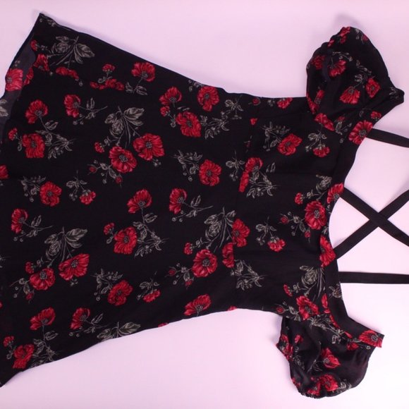 Black Sun Dress with Red Floral Design - Picture 5 of 5